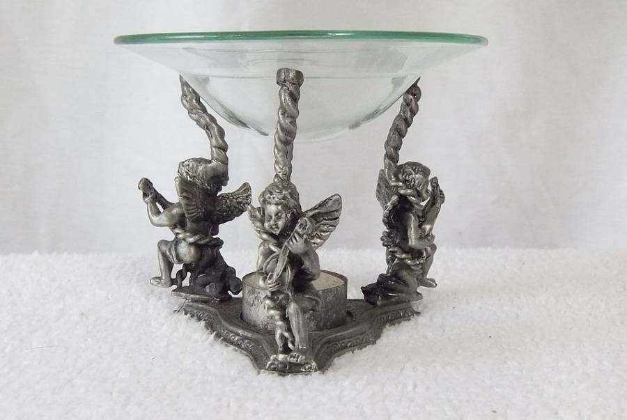 MUST SEE !! A VERY CHARMING PEWTER TYPE METAL TEE LITE HOLDER INCENSE BURNER WITH ANGEL MOTIFS !!
