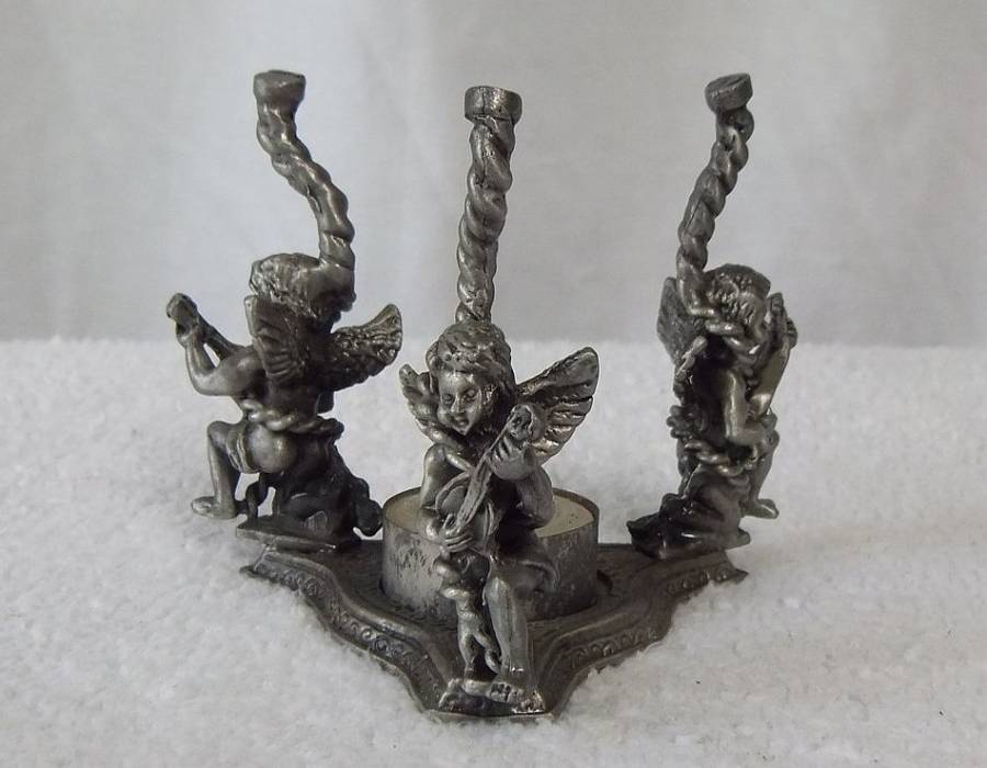 MUST SEE !! A VERY CHARMING PEWTER TYPE METAL TEE LITE HOLDER INCENSE BURNER WITH ANGEL MOTIFS !!