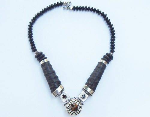 A ONE OF A KIND BUCK HORN , BONE , TIGERS EYE , BLACK STONE AND STERLING SILVER NECKLACE !!