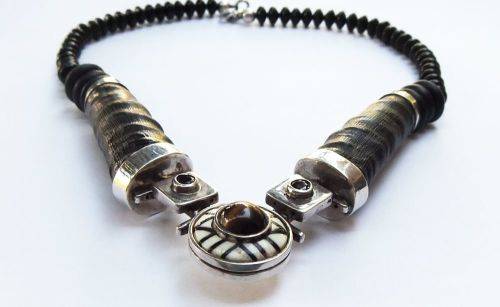 A ONE OF A KIND BUCK HORN , BONE , TIGERS EYE , BLACK STONE AND STERLING SILVER NECKLACE !!