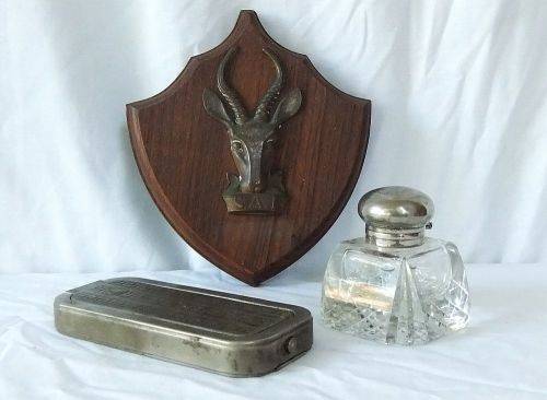THREE OLD ITEMS FROM THE DECEASED ESTATE OF A VETERAN - SAI PLAQUE / INK POT / RAZOR SHARPENER !!