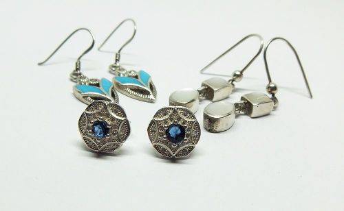 WOW !! THREE GORGEOUS PAIRS OF SOLID STERLING SILVER EARRINGS WITH EYE CATCHING INSETS !!