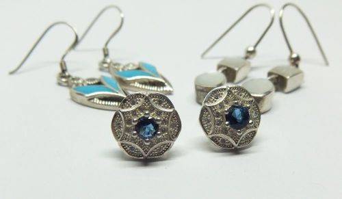 WOW !! THREE GORGEOUS PAIRS OF SOLID STERLING SILVER EARRINGS WITH EYE CATCHING INSETS !!
