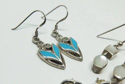 WOW !! THREE GORGEOUS PAIRS OF SOLID STERLING SILVER EARRINGS WITH EYE CATCHING INSETS !!