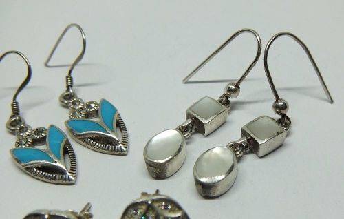 WOW !! THREE GORGEOUS PAIRS OF SOLID STERLING SILVER EARRINGS WITH EYE CATCHING INSETS !!