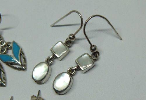 WOW !! THREE GORGEOUS PAIRS OF SOLID STERLING SILVER EARRINGS WITH EYE CATCHING INSETS !!