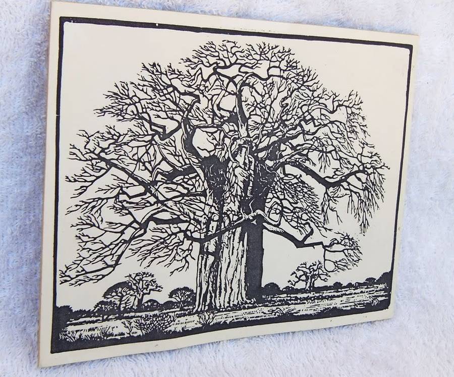 SUPER RARE !! A VINTAGE LINOCUT DEPICTING THE BAOBAB TREE BY FAMOUS SA ARTIST JH PIERNEEF !! WOW !!
