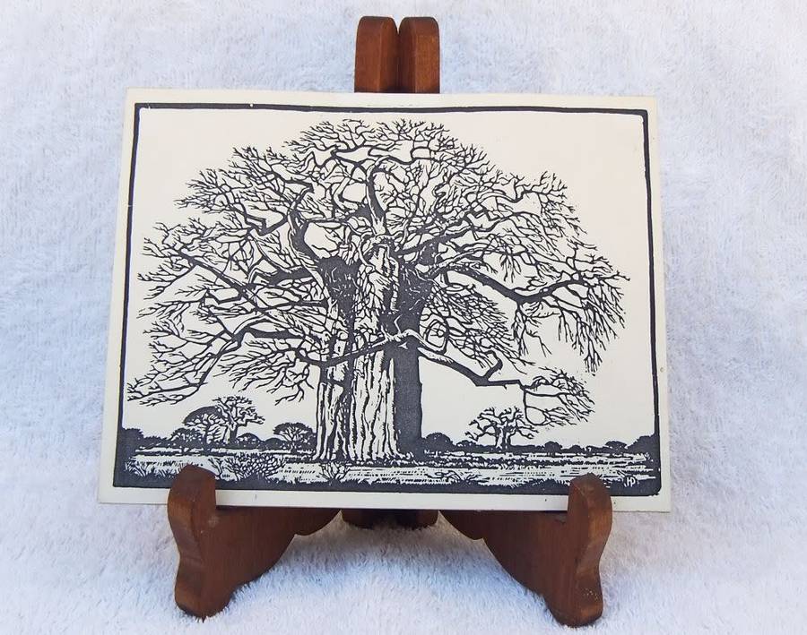 SUPER RARE !! A VINTAGE LINOCUT DEPICTING THE BAOBAB TREE BY FAMOUS SA ARTIST JH PIERNEEF !! WOW !!