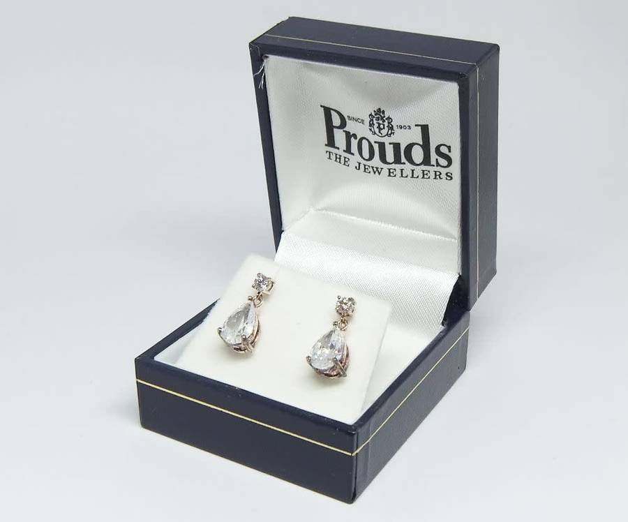 A pair of sterling silver teardrop earrings with clear insets - Never worn - With box