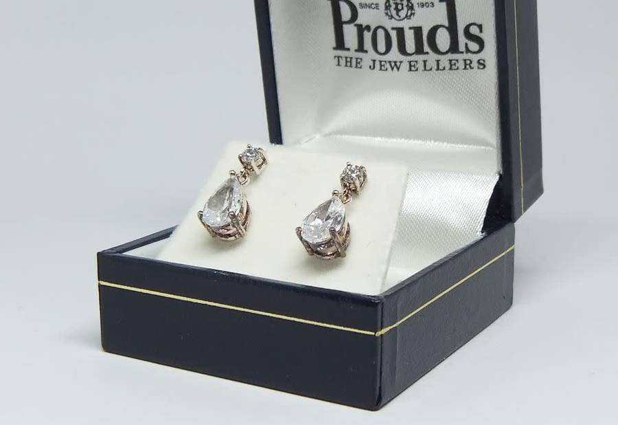 A pair of sterling silver teardrop earrings with clear insets - Never worn - With box