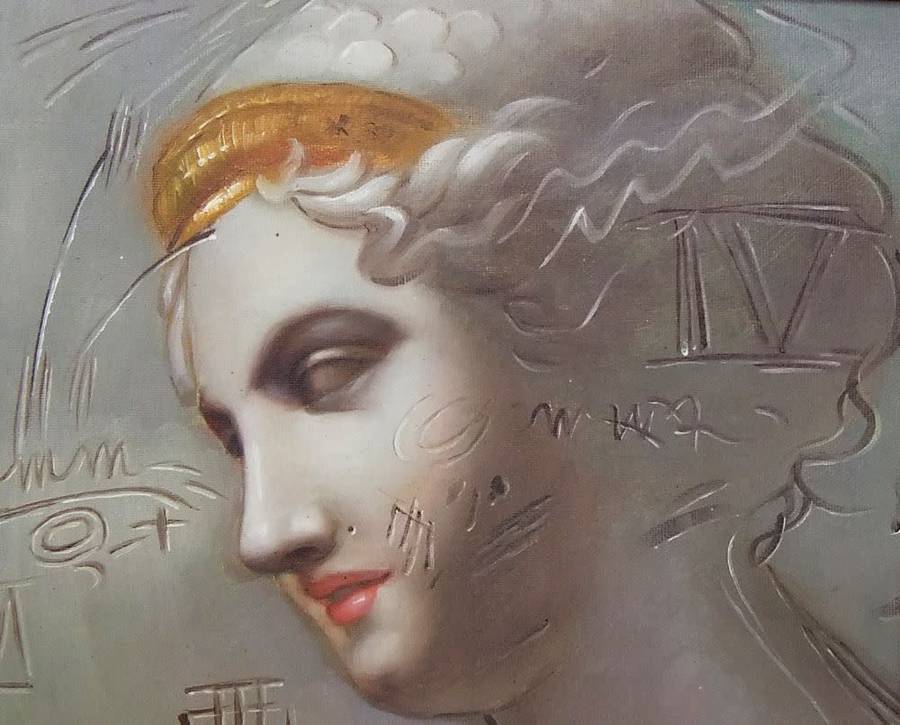An oil painting of a Grecian style lady figure