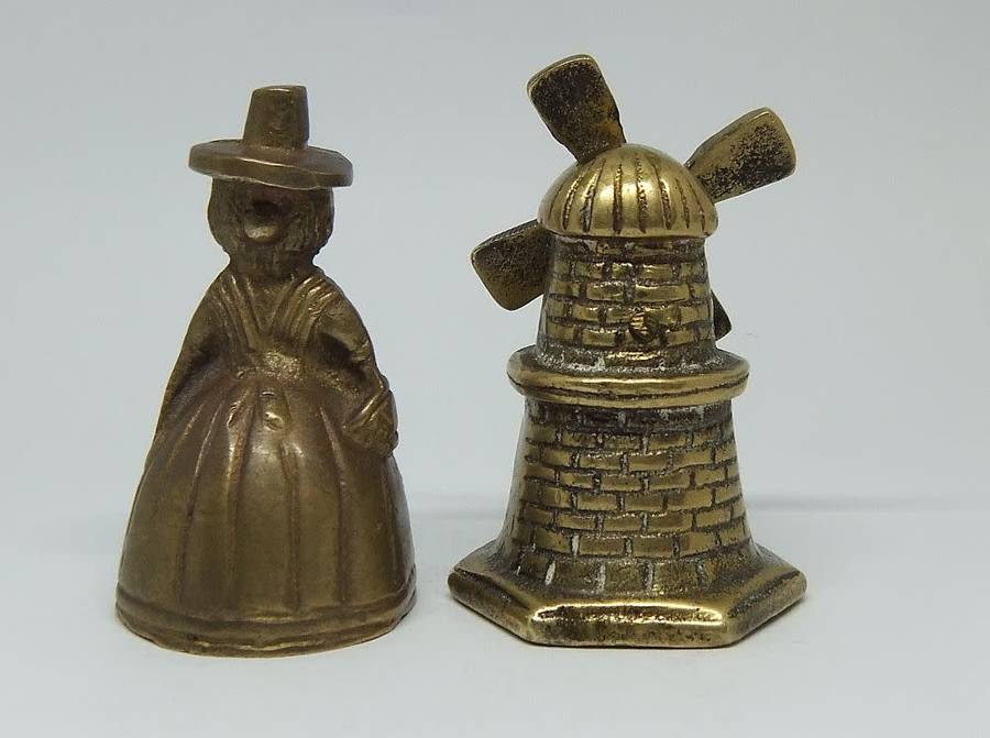 Totally adorable !! A vintage solid brass miniature windmill bell and a Welsh lady bell