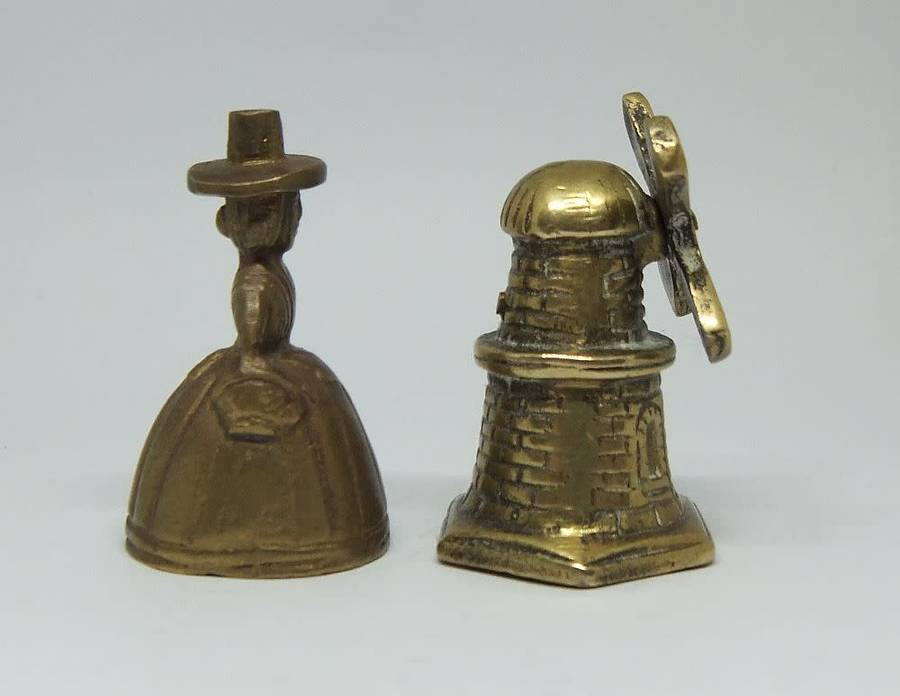 Totally adorable !! A vintage solid brass miniature windmill bell and a Welsh lady bell