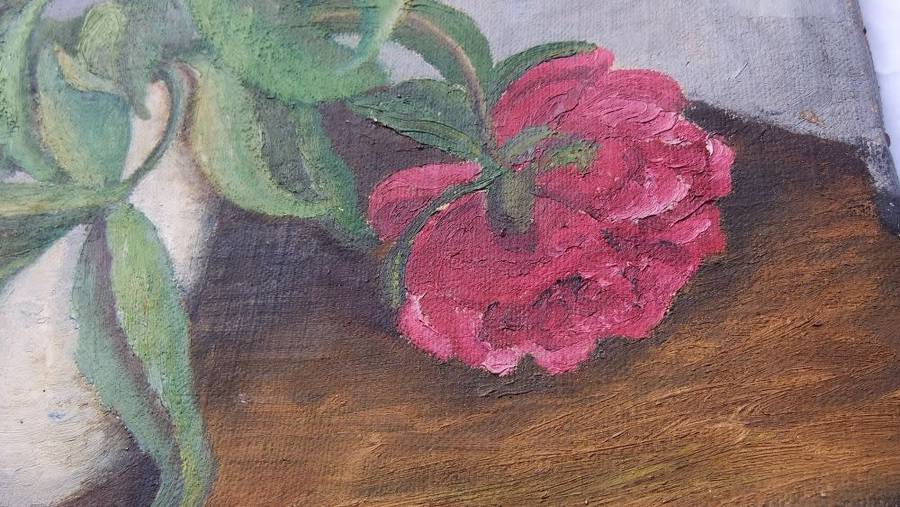 WOW !! AN EXQUISITE 1940`S ORIGINAL SIGNED OIL ON CANVAS PAINTING ON A STRETCHER AS FOUND