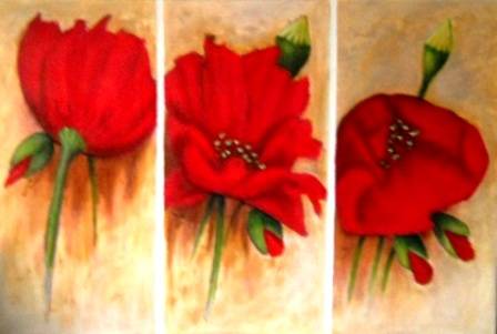 3 Red Poppies - Acrylic by SA artist, Cecil Byrnes, - 600mm x 900mm