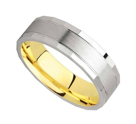 9k / 9ct gold designer wedding BAND, 2 tone, 6mm wide, brushed, facetted edges, size V