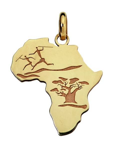 9k / 9ct gold map of Africa PENDANT: bushmen, baobab