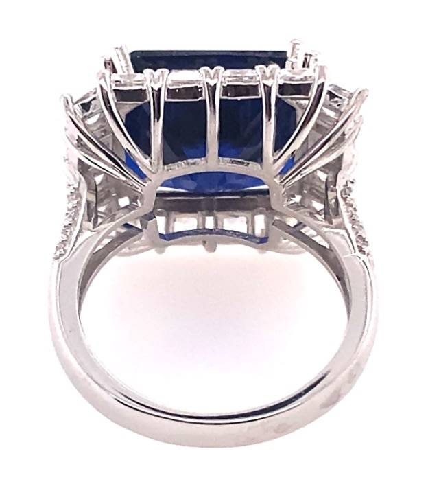 RING: square simulated Blue Sapphire & a CZ halo, sterling silver =GLAMOROUS