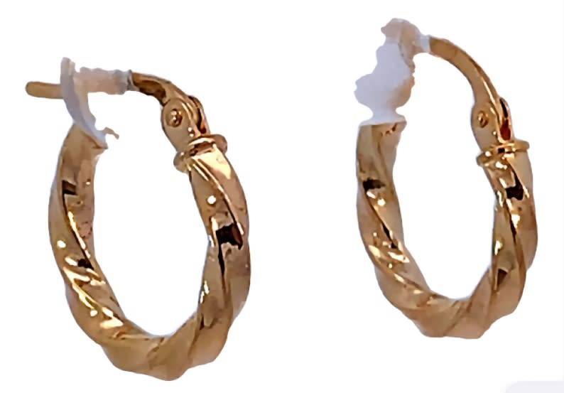 9k / 9ct gold twisted tube hinged hoop EARRINGS: 15x2mm