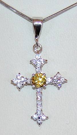 9k / 9ct white gold Cross: VIVID yellow centre CZ. A STUNNER! Ready for you. Last one!