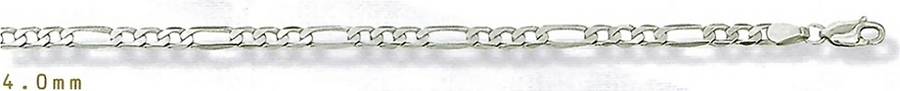 9ct white gold BRACELET: 3+1 Figaro, 4mm wide, 19cm