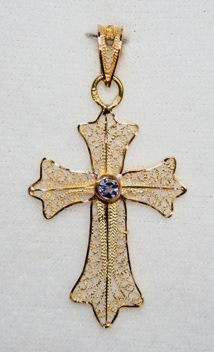 Filigree & Tanzanite CROSS: 19.2ct rose gold = "Ouro Portugues"