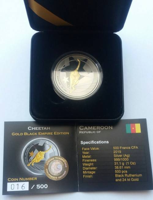 PROOF 1OZ SILVER CHEETAH BLACK  RUTHENIUM AND 24KT GOLD FINISH(MINTAGE 500)