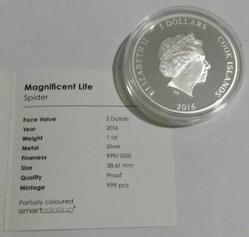 2016 MAGNIFICENT LIFE SPIDER 1OZ SILVER COIN (MINTAGE 999)