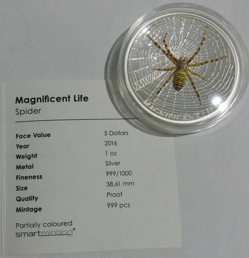 2016 MAGNIFICENT LIFE SPIDER 1OZ SILVER COIN (MINTAGE 999)
