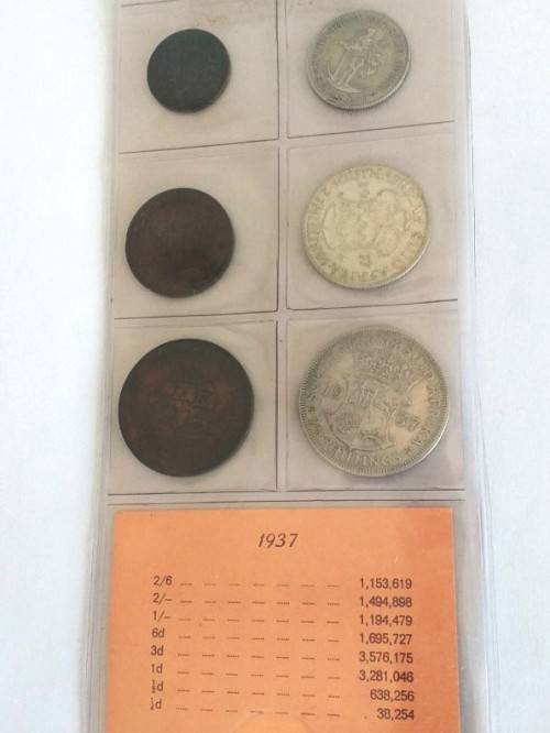 1937 Collection of Union of South Africa: incl SILVER HALF CROWN + TWO + ONE SHILLING