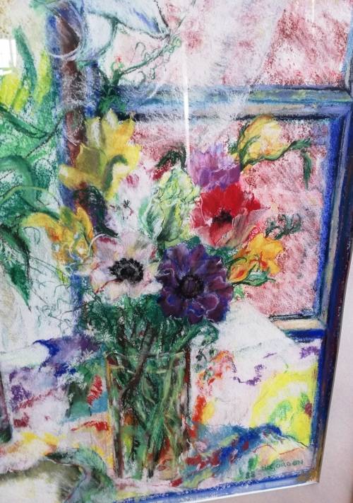 Beautiful floral Still life with window pastel signed H Gordon "88"(Framed - Silver gilt)