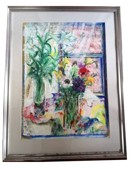 Beautiful floral Still life with window pastel signed H Gordon "88"(Framed - Silver gilt)
