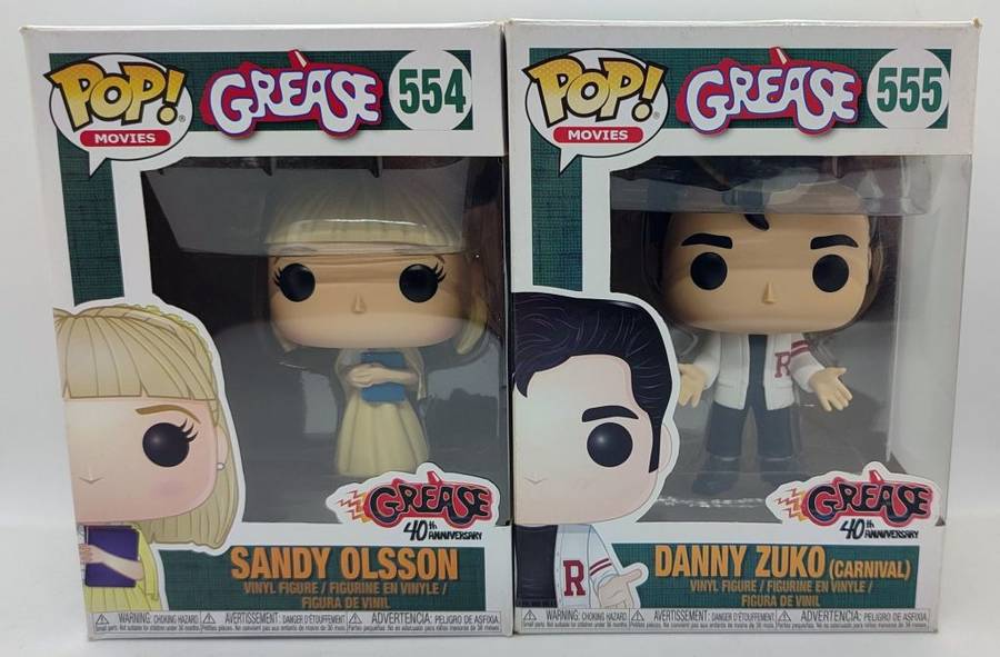 **Rare/Boxed/As New** Funko Pop Grease 40th Anniversary, #554 Sandy Olsson and #555 Danny Zuko