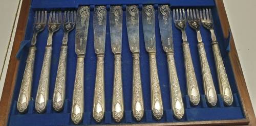 1877 John Sanderson and Son Silverplated 24 piece Fish knife and fork set.