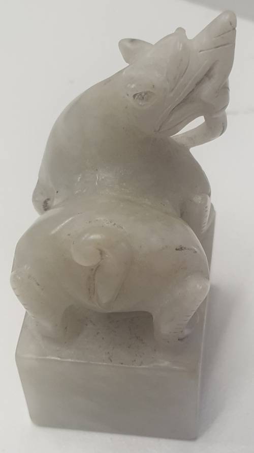 ANTIQUE CHINESE QING WHITE JADE DOG CHOP STAMP/SEAL