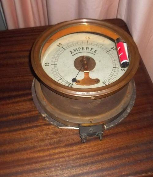 LARGE, HEAVY VINTAGE BRASS AMPMETER.