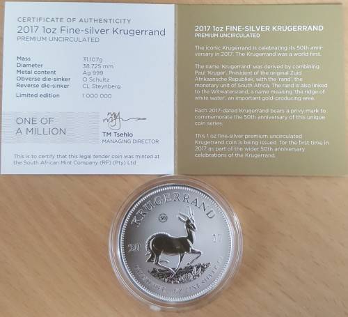 2017 1oz Fine Silver Kruger Rand Prenuim-Uncirculated