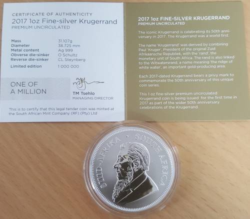 2017 1oz Fine Silver Kruger Rand Prenuim-Uncirculated