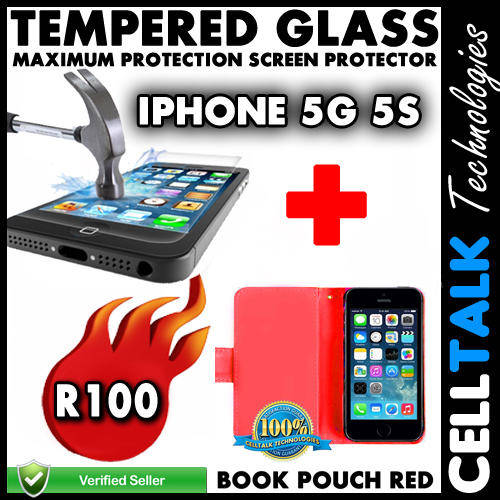 iPhone 5G 5S Book Pouch + Tempered Glass Screen Guard COMBO RED!! **Special**