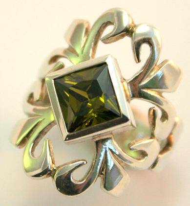 Fabulous Designer Olive Green Coloured Cubic Zirconia Sterling Silver Ring (925)