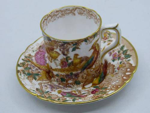 ROYAL CROWN DERBY DEMI TASSE AND SAUCER HAND PAINTED IN THE OLDE AVESBURY PATTERN A 73.