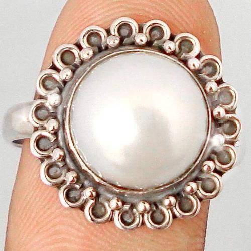 5.22cts WHITE PEARL ROUND 925 STERLING SILVER SOLITAIRE RING size 7