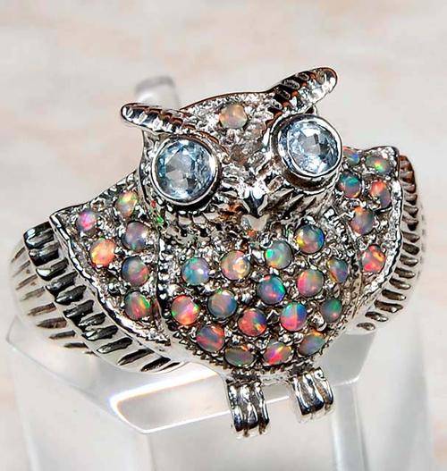 Natural Aquamarine Opal 925 Solid Sterling Silver Art Deco Owl Ring sz 6.25