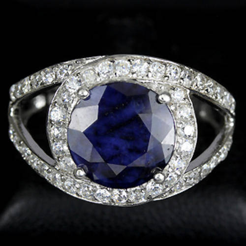 NATURAL AAA BLUE SAPPHIRE & WHITE TOPAZ STERLING 925 SILVER RING 8.25