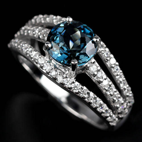 REAL AAA LONDON BLUE TOPAZ & WHITE CUBIC ZIRCONIA STERLING 925 SILVER RING 6.75