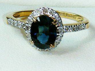 UK LONDON HALLMARKED 9k 9CT YELLOW GOLD DIAMOND & 1 CARAT SAPPHIRE RING SIZE L