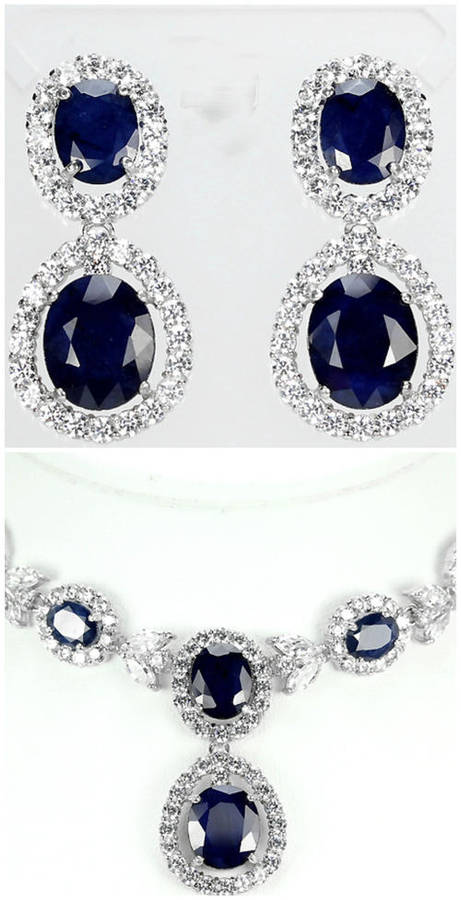 ***IN STOCK!REAL STONES!!!*** 34CT GORGEOUS OVAL BLUE SAPPHIRE STERLING 925 NECKLACE AND EARRING SET