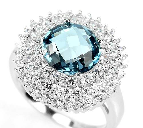 ***REAL STONES!!!*** LONDON BLUE TOPAZ CHECKER BORD TABLE 925 SILVER RING 8.25