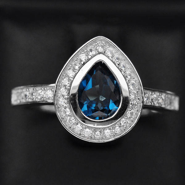 ***REAL STONES!!!*** MAJESTIC NATURAL GEMSTONE PEAR LONDON BLUE TOPAZ 925 STERLING SILVER RING S.7