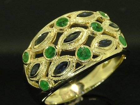 Genuine 9K 9ct Gold NATURAL Sapphire & Emerald UNIQUE Wide BAND Ring